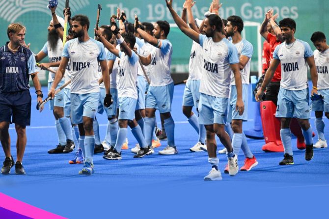 India Hockey take a lap around the stadium after beating Japan 5-1 in the Men's Hockey final to win the Asian Games Gold medal in Hangzhou on Friday