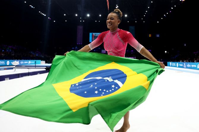 Gold medallist Brazil's Rebeca Andrade celebrates winning the vault exercise at the women's apparatus finals at the World Artistic Gymnastics Championships, in Sportpaleis, Antwerp, on Saturday.