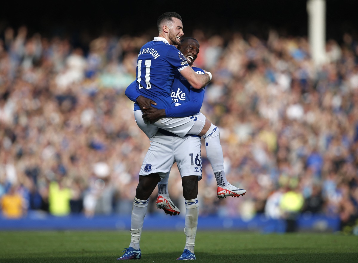 Jack Harrison celebrates scoring Everton's second goal with Abdoulaye Doucoure against AFC Bournemouth at Goodison Park, Liverpool.