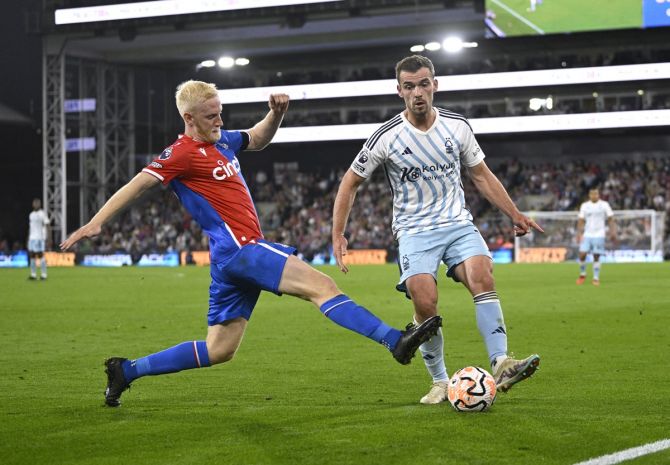 Crystal Palace's Will Hughes in action with Nottingham Forest's Harry Toffolo.