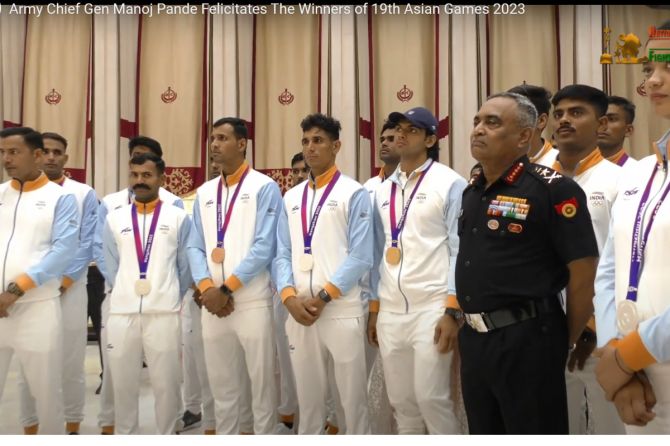 Army Chief Gen Manoj Pande felicitates medallists of the 19th Asian Games 2023 on Wednesday. 