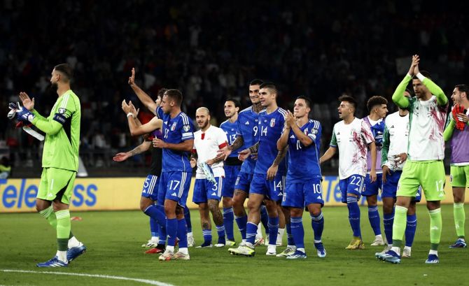 Italy's players celebrate victory over Malta in the Euro 2024 Qualifier Group C qualifier at Stadio San Nicola, Bari, Italy, on Saturday.