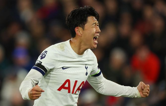 Tottenham Hotspur captain Son Heung-min celebrates scoring his eighth league goal of the season.