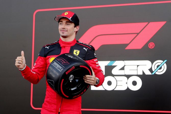 Ferrari's Charles Leclerc celebrates after qualifying in pole position for the Mexico City Grand Prix, at Autodromo Hermanos Rodriguez, Mexico City, on Saturday.