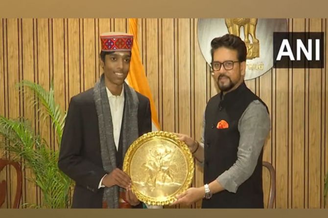 GM R Praggnanandhaa, who became the youngest silver medallist at the FIDE World Cup last week, was felicitated by Sports Minister Anurag Thakur at his residence on Friday. 