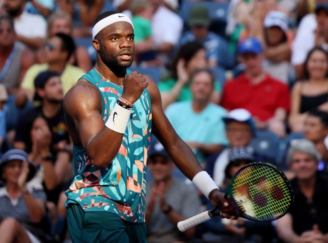 Frances Tiafoe of the United States reacts after winning a point during his third round match against France's Adrian Mannarino at the US Open on Friday.