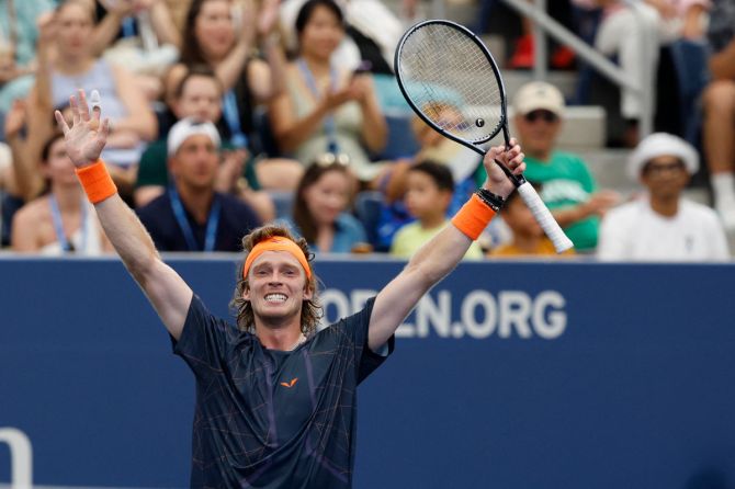 Russia's Andrey Rublev celebrates after match point against Jack Draper of Great Britain
