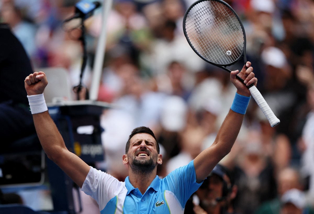 Serbia's Novak Djokovic celebrates victory over Taylor Fritz of the United States in the US Open quarter-finals at Flushing Meadows, New York, on Tuesday.