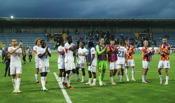 Belgium's players celebrate victory over Azerbaijan in Group F at Dalga Arena, Baku, Azerbaijan.