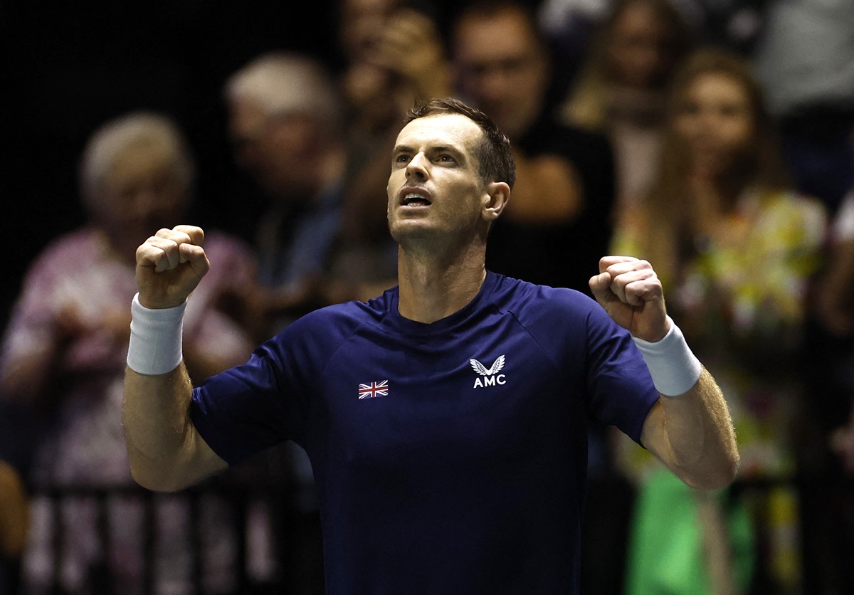 Britain's Andy Murray celebrates winning his Davis Cup match against Switzerland's Leandro Riedi at AO Arena, Manchester.