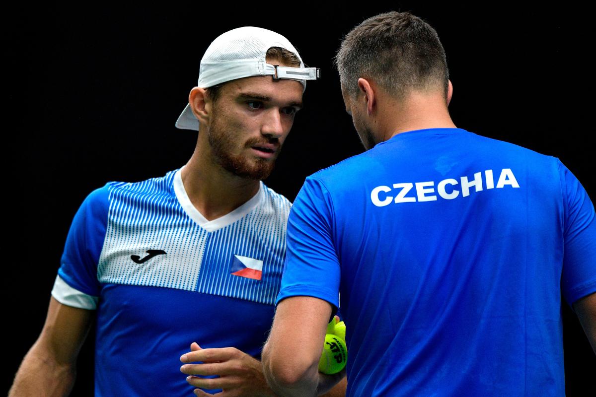 Czech Republic's Tomas Machac and Adam Pavlasek during thier doubles match against Serbia's Novak Djokovic and Nikola Cacic during the Davis Cup Finals at Pabellon Fuente de San Luis, Valencia, Spain 