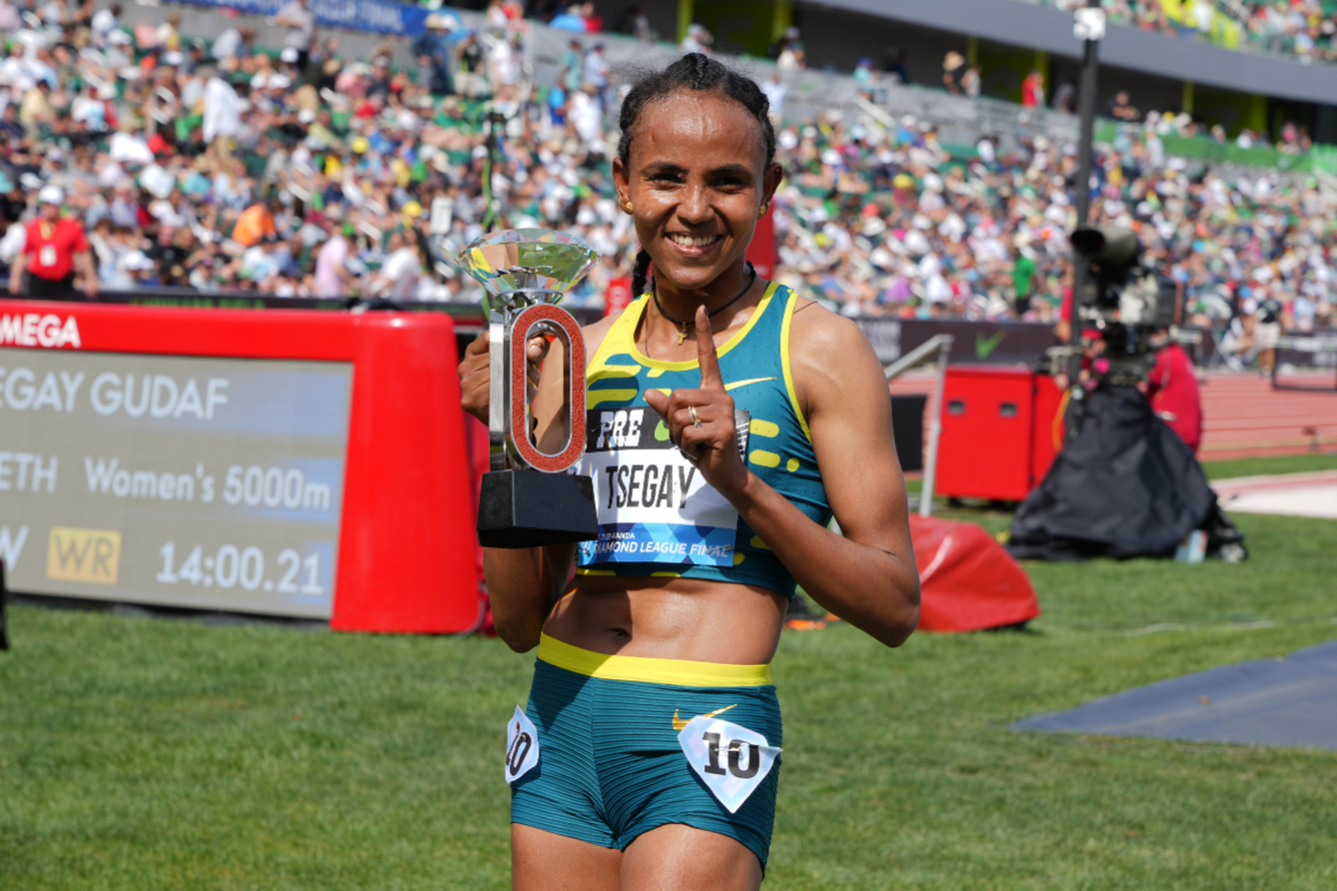 Ethiopia's Gudaf Tsegay poses after winning the women's 5,000m in a world record 14:00.21 during the Prefontaine Classic at Hayward Field in Eugene, Oregon, on Sunday, September 17