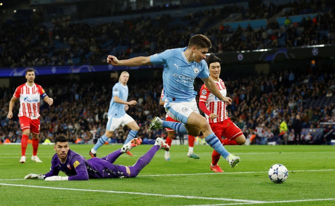 Julian Alvarez scores Manchester City's first goal during the Champions League Group G match against Crvena Zvezda at Etihad Stadium, Manchester, on Tuesday.
