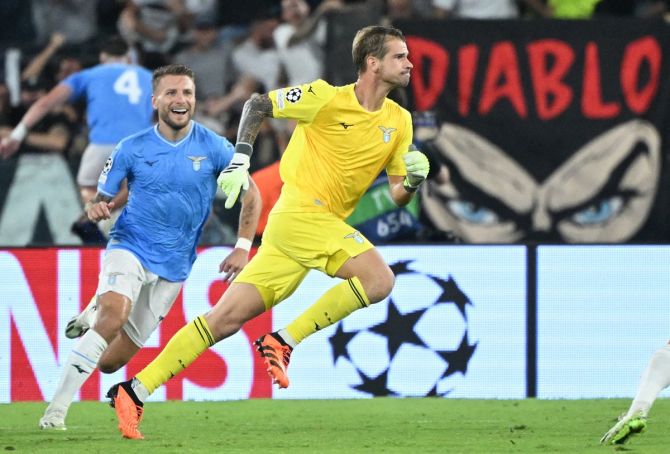 Lazio's goalkeeper Ivan Provedel celebrates scoring a last-ditch equaliser in the Group E match against Atletico at Stadio Olimpico, Rome.