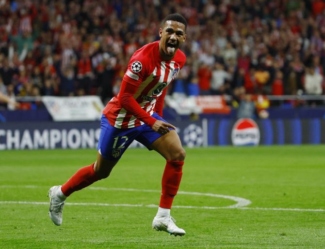 Samuel Lino celebrates scoring Atletico Madrid's second goal during the Champions League  quarter-final first Leg at Metropolitano, Madrid.