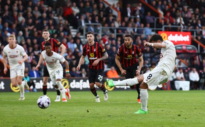 Bruno Fernandes scores Manchester United's second goal from the penalty spot against AFC Bournemouth at Vitality Stadium, Bournemouth.
