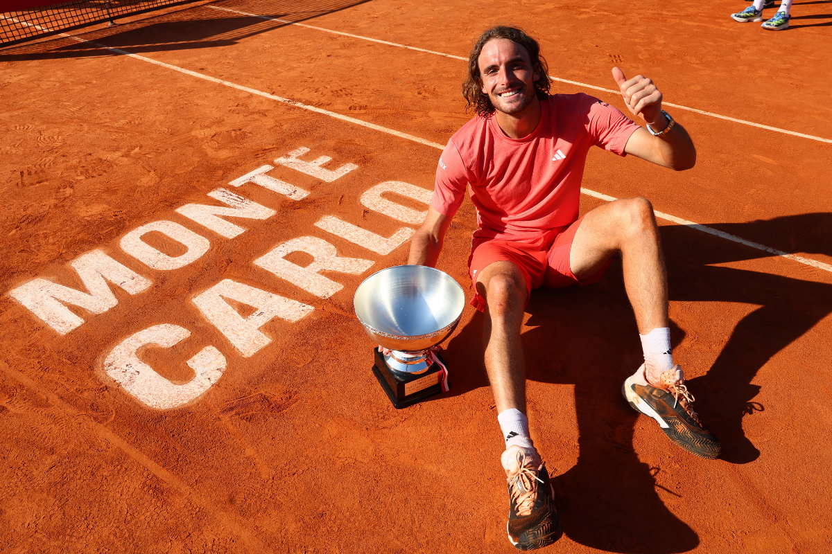 Greece's Stefanos Tsitsipas celebrates with the trophy after winning the Monte Carlo Masters final against Norway's Casper Ruud on Sunday