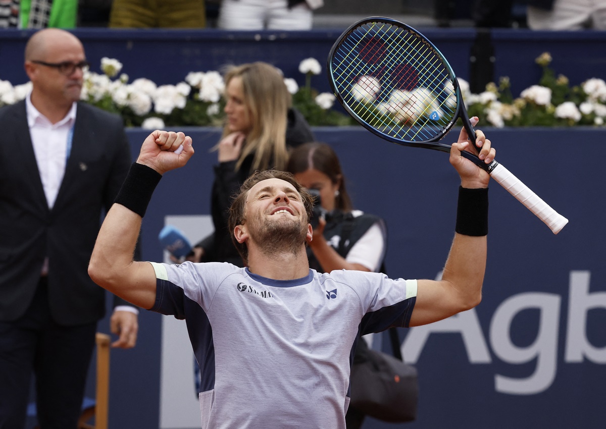 Norway's Casper Ruud celebrates victory over Greece's Stefanos Tsitsipas in the final of the Barcelona Open at Real Club de Tenis, Barcelona, on Sunday.