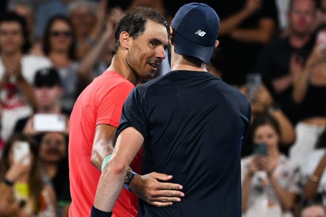 Rafael Nadal congratulates Thompson after losing the Brisbane International quarter-final on Friday