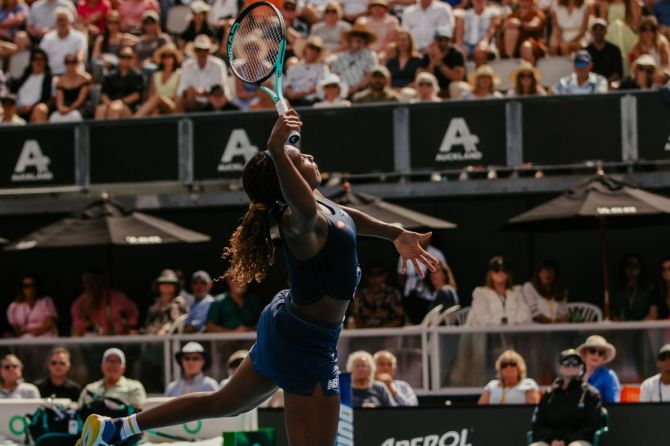 USA's Coco Gauff in action against compatriot Emma Navarro during the Auckland Open semi-final on Saturday