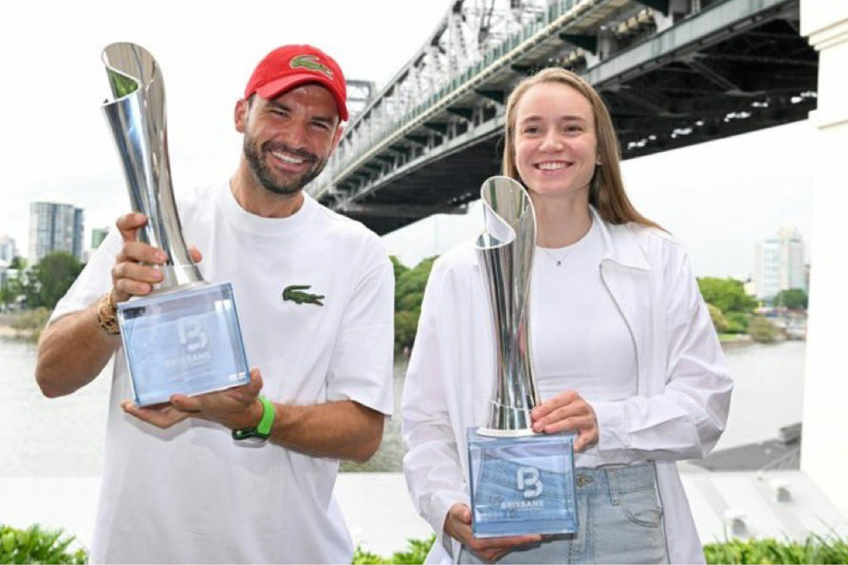 Brisbane International champions Grigor Dimitrov and Elena Rybakina with their trophies