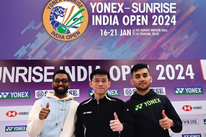 India Open defending champion Kunlavut Vitidsarn (centre) is flanked by former champion Lakshya Sen and Asian Games 2022 bronze medallist HS Prannoy at the inaugural press conference of Yonex-Sunrise India Open in Delhi on Monday.
