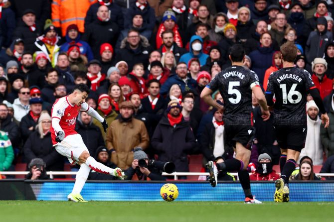 Arsenal's Gabriel Martinelli scores their fourth goal against Crystal Palace at Emirates Stadium on Saturday