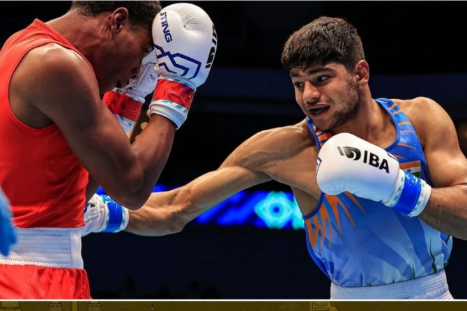 India's Nishant Deb (right) defeated Greek Christos Karaitis (left) in the pre-quarterfinal bout. He will next face American Omari Jones in the last eight