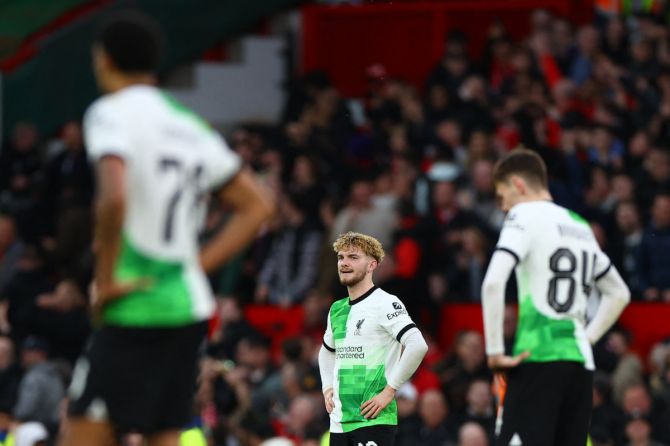 Liverpool's Harvey Elliott looks dejected after Manchester United's Amad Diallo scores their fourth goal 
