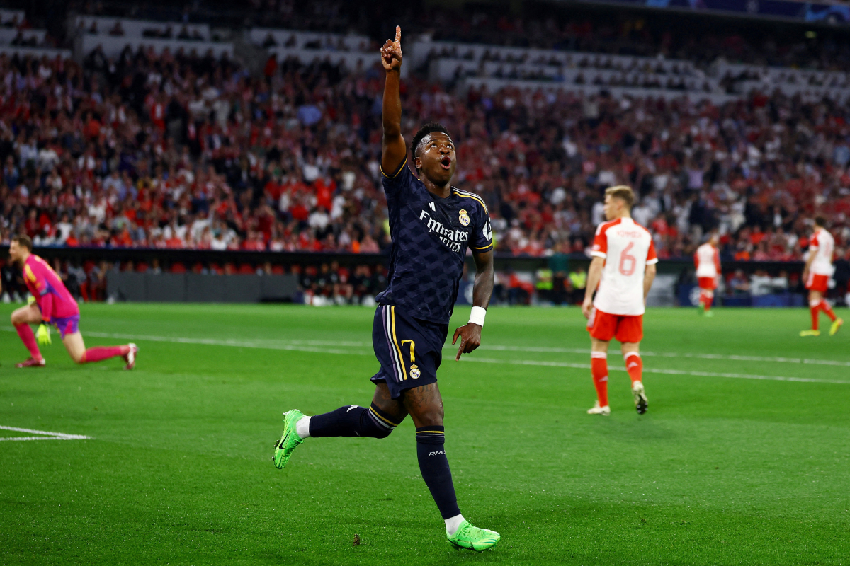 Real Madrid's Vinicius Junior celebrates scoring their first goal against Bayern Munich during the Champions League Semi Final First Leg match at Allianz Arena, Munich, Germany, on Tuesday 
