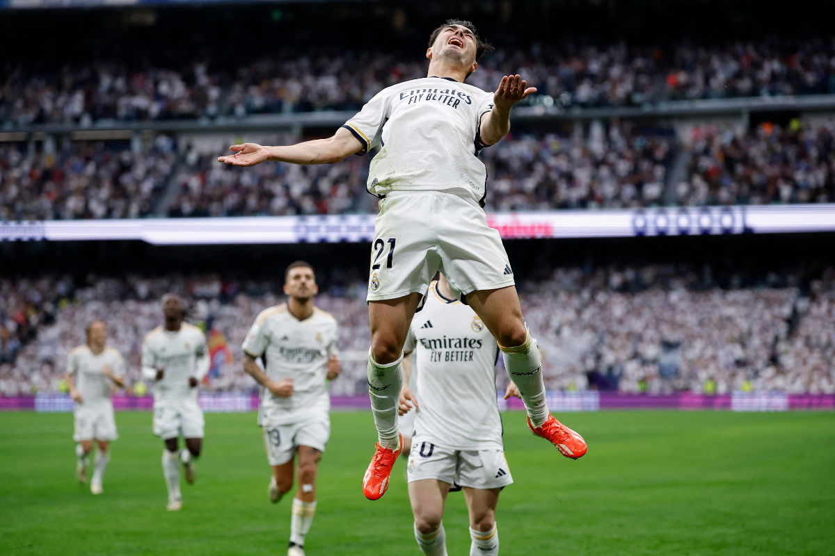 Real Madrid's Brahim Diaz celebrates scoring their first goal against Cadiz at Santiago Bernabeu, Madrid on Saturday 