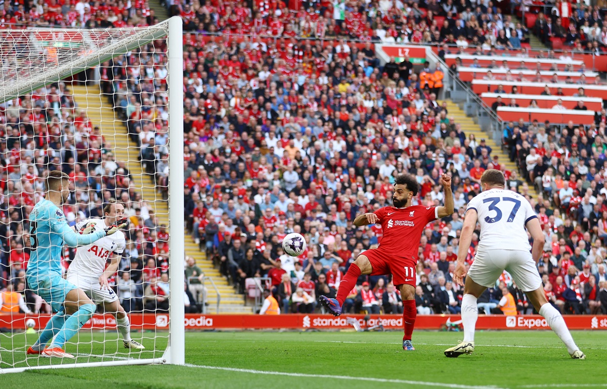 Liverpool's Mohamed Salah misses a chance to score during the Premier League match against Tottenham Hotspur, at Anfield, Liverpool, on Sunday.