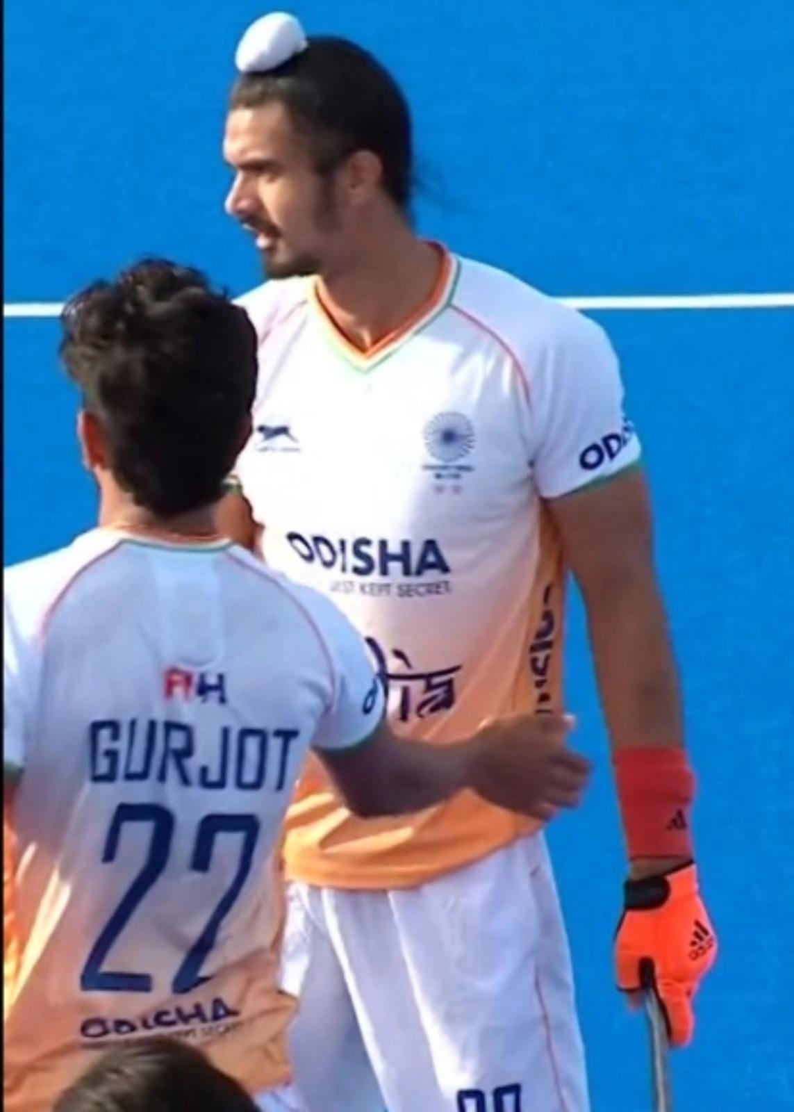 Araijeet Singh Hundal celebrates after scoring the opening goal against Korea