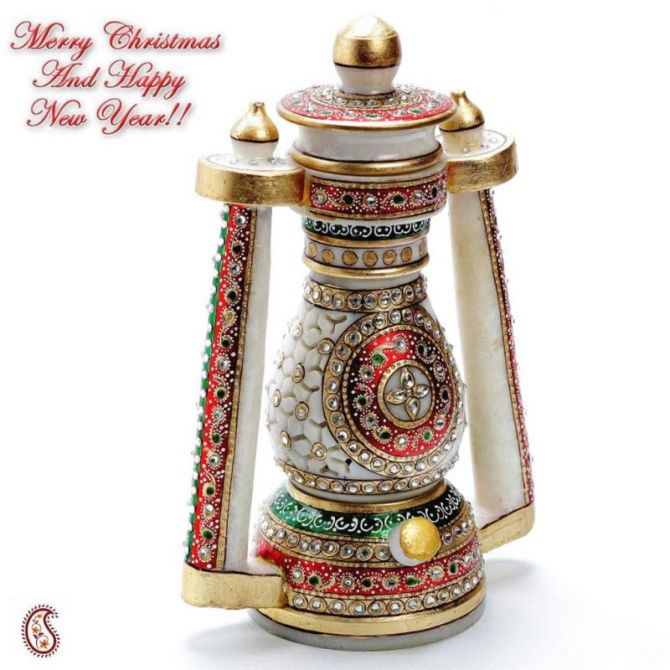 Christmas Gifts & New Year Gifts Gold Paint Embossed White Marble Lantern Studded With Kundans