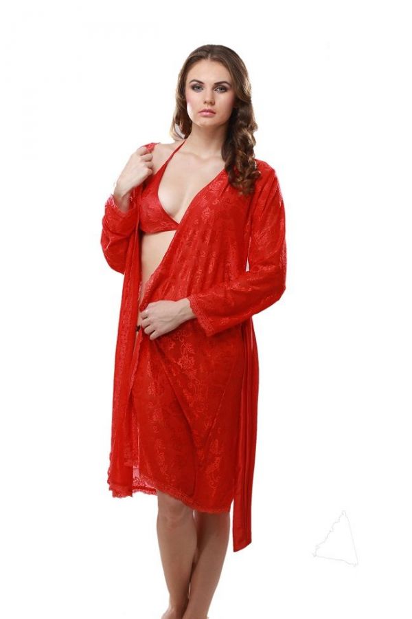 Port Red Self Print Robe With Bikini Set For Valentine Gifts