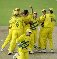 The Australian team celebrate after reaching the 1999 World Cup final