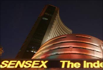 The illuminated Bombay Stock Exchange building.
