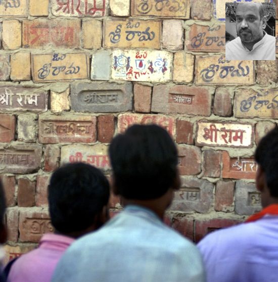 Hindu activists look at temple wall, where devotees have written in Hindi characters the name of Ram, in Ayodhya. Inset: Amit Shah