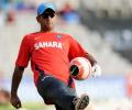 Skipper Dhoni enjoys a game of football in Dharamsala