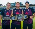 PIX: England cricket team receives WWE championship title