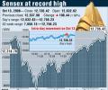 Sensex closes at record high of 12,736; up 198 poi