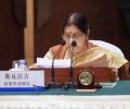 In China, Sushma justifies air strike, says dont' want to see further escalation