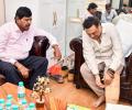 Govinda Shows Ramdas Athawale His Injured Leg