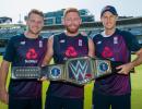 PIX: England team receives WWE championship title