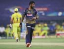 Varun Chakravarthy reacts after dismissing Dhoni