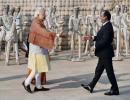 Modi greets French President Francois Hollande at Chandigarh's Rock Garden