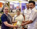 Sonia, Mamata share a moment during opposition meet