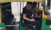 Michael Clark learns to drive 'tuk tuk' in Bengaluru