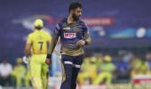 Varun Chakravarthy reacts after dismissing Dhoni