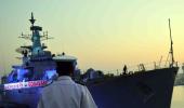 INS Godavari, India's first indigenously designed warship, sails into the sunset